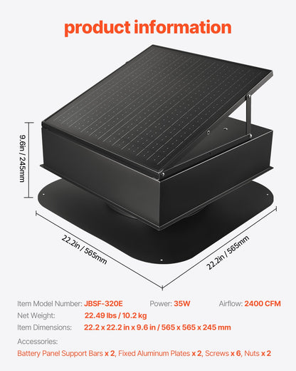 Roof Attic Exhaust Fan, 35W Smart Solar Roof Ventilation Fan Auto Temperature Control, 2400 CFM Airflow Built-in Brushless DC Motor for Cooling and Dehumidification, No Remote