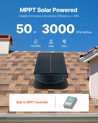 Roof Attic Exhaust Fan, 50W Smart Solar Roof Ventilation Fan with Thermostat, Remote Control, 3000 CFM Airflow Built-in Smoke Sensor with Auto Stop for Cooling and Dehumidification