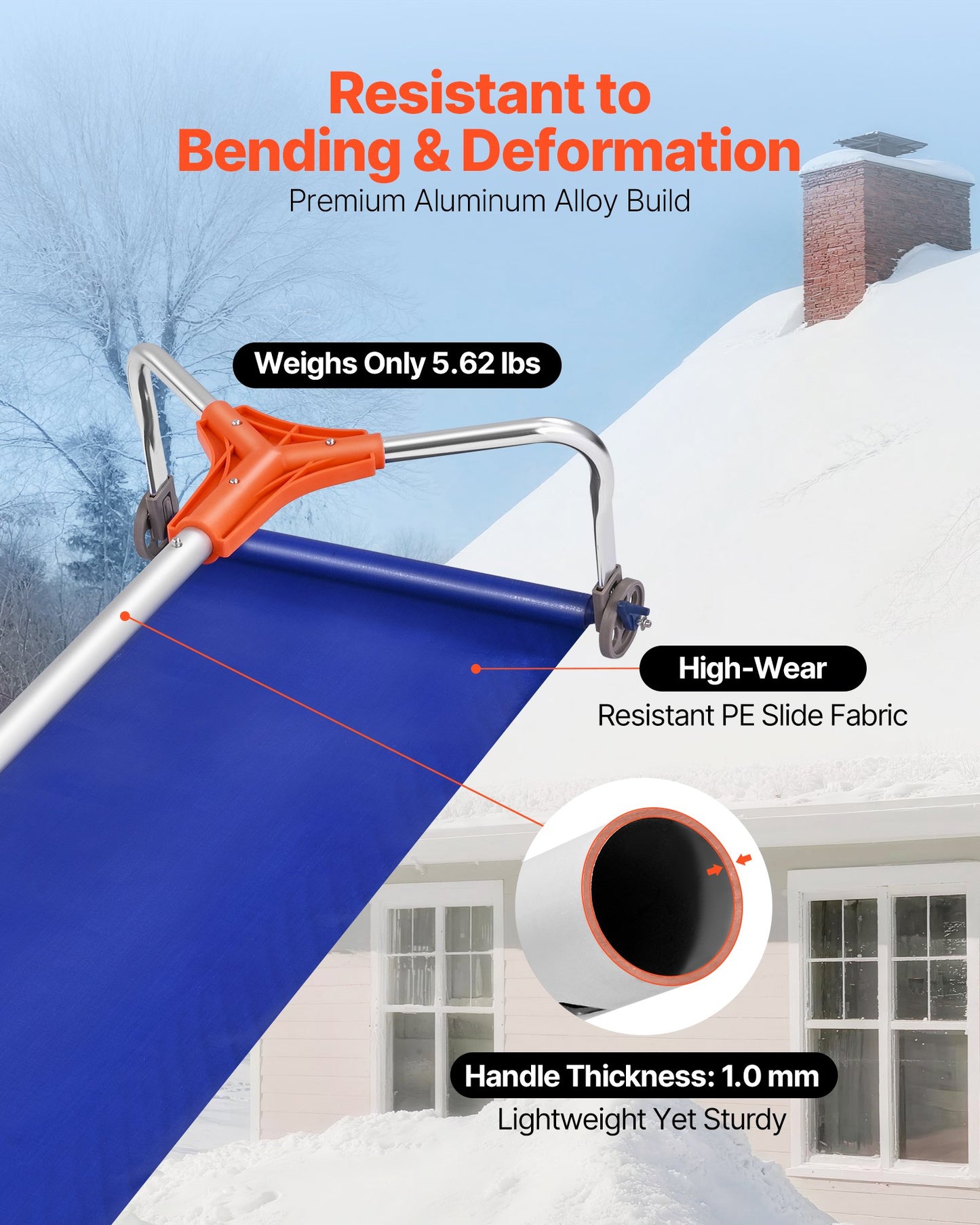 Schneeräumrechen für Dächer, 27 cm Aluminiumblatt, 1,25–5,24 m verstellbarer Dachschneeschaber mit Rädern und Gleitschiene, leichtes Werkzeug zur Schneebeseitigung von Laub und Schmutz auf Hausdächern