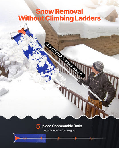 Schneeräumrechen für Dächer, 27 cm Aluminiumblatt, 1,25–5,24 m verstellbarer Dachschneeschaber mit Rädern und Gleitschiene, leichtes Werkzeug zur Schneebeseitigung von Laub und Schmutz auf Hausdächern