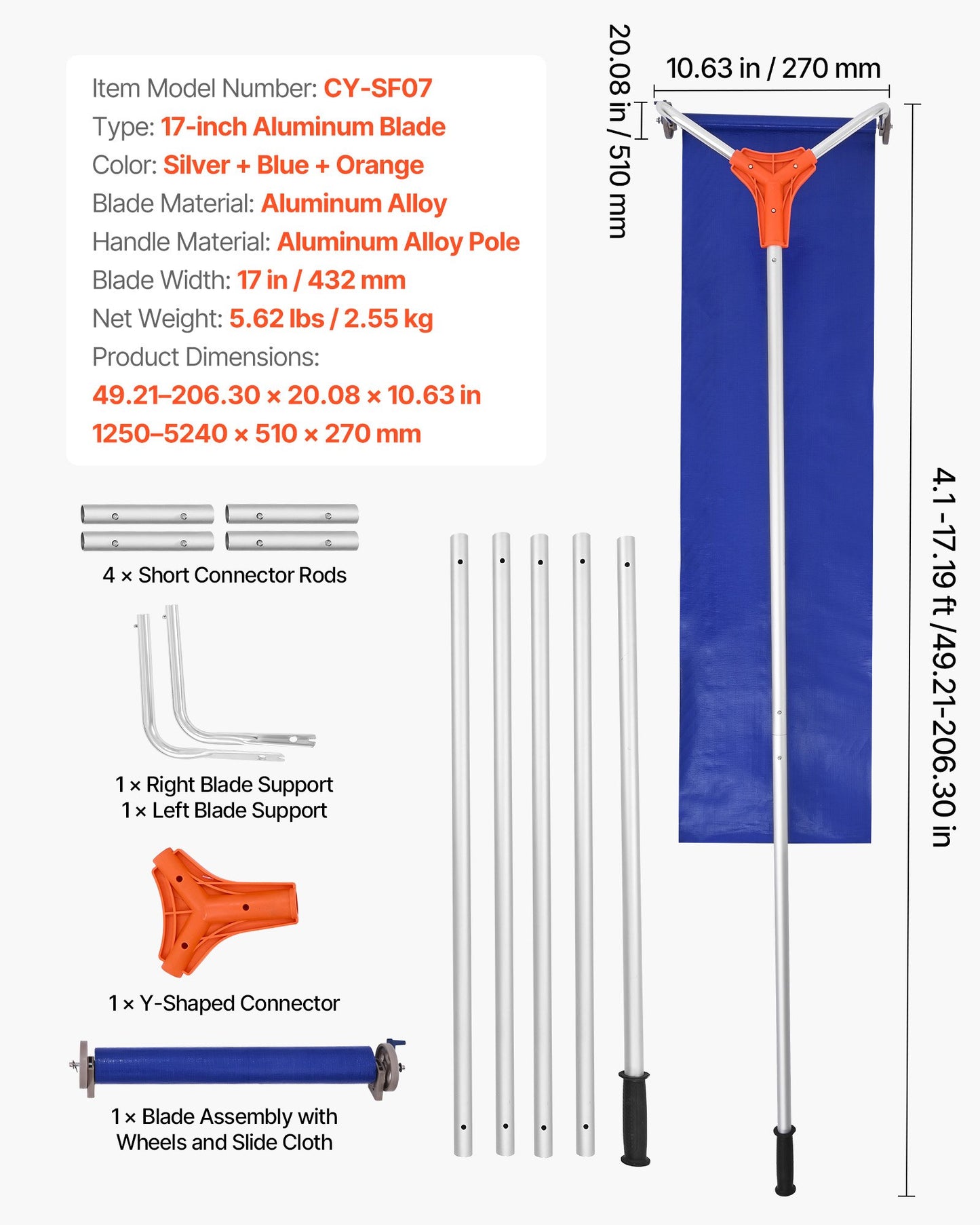 Schneeräumrechen für Dächer, 27 cm Aluminiumblatt, 1,25–5,24 m verstellbarer Dachschneeschaber mit Rädern und Gleitschiene, leichtes Werkzeug zur Schneebeseitigung von Laub und Schmutz auf Hausdächern