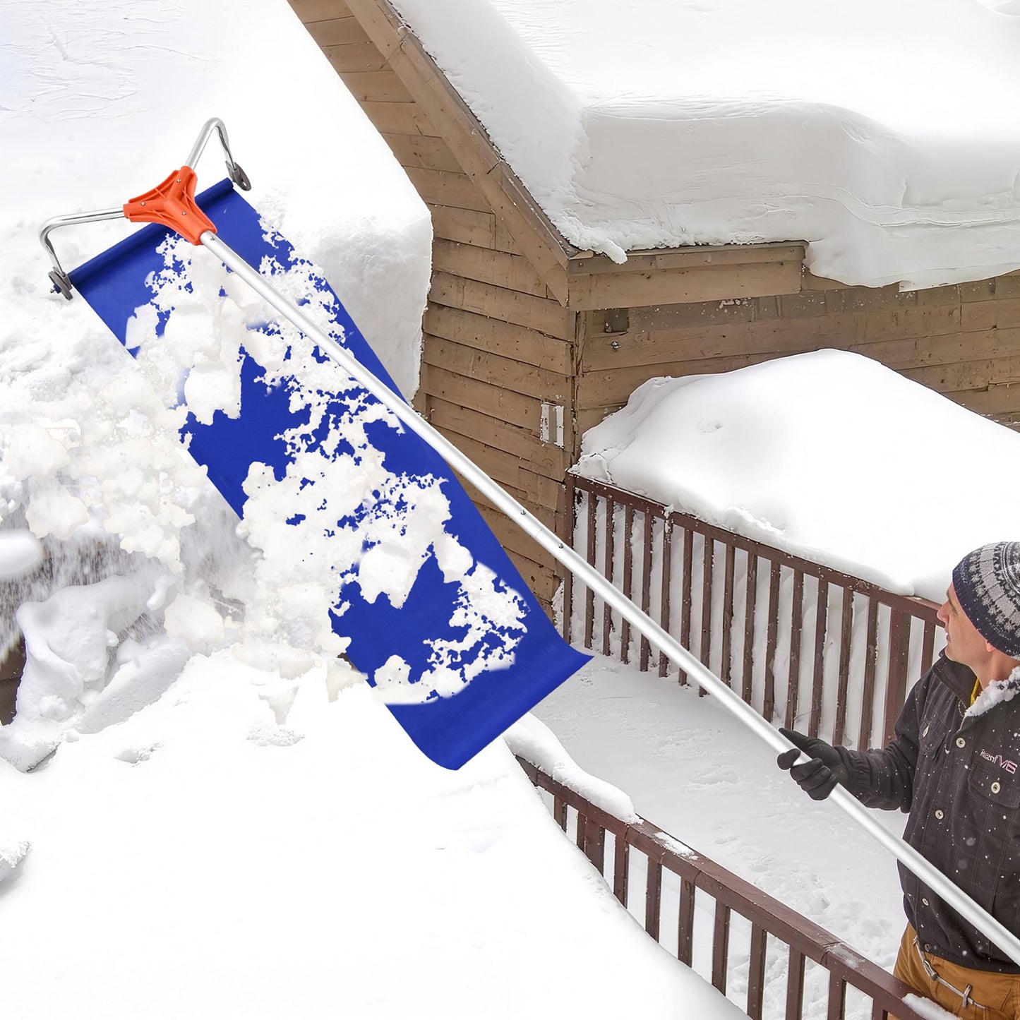 Schneeräumrechen für Dächer, 27 cm Aluminiumblatt, 1,25–5,24 m verstellbarer Dachschneeschaber mit Rädern und Gleitschiene, leichtes Werkzeug zur Schneebeseitigung von Laub und Schmutz auf Hausdächern