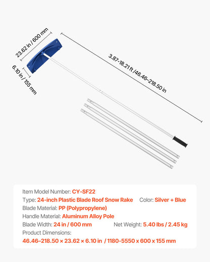 Snow Roof Rake, 60cm PP Plastic Blade, 1.18-5.55 m Adjustable Roof Snow Scraper with Wheels, Anti-Slip Handle Snows Removal Tool, Lightweight House Rooftop Rake for Leaves Debris Removal