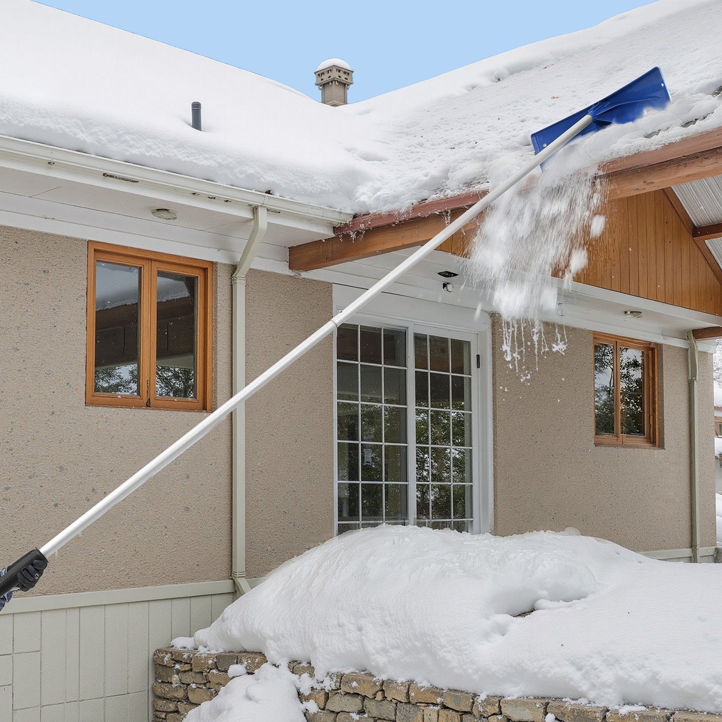 Snow Roof Rake, 60cm PP Plastic Blade, 1.18-5.55 m Adjustable Roof Snow Scraper with Wheels, Anti-Slip Handle Snows Removal Tool, Lightweight House Rooftop Rake for Leaves Debris Removal