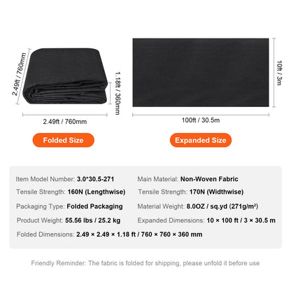 Vlies-Geotextil unter Kies, 3 m x 30,5 m, 271 g/m², für Einfahrten, Landschaftsbau, strapazierfähiges Unkrautvlies, Bodendecker-Unkrautvlies, Drainagevlies für Sickerschächte, schwarz