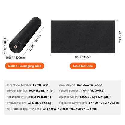 Non Woven Geotextile Fabric Under Gravel, 1.2 x 30.5 m 226.8 g Driveway Fabric Landscape Fabric, Heavy Duty Weed Barrier Fabric, Ground Cover Weed Control Fabric, French Drains Drainage Fabric, Black