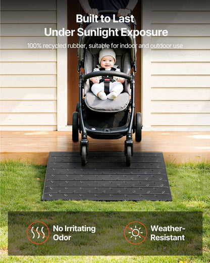 Rubber Threshold Ramp, 4\" Rise Threshold Ramp Doorway, 3 Channels Cord Cover Rubber Solid Threshold Ramp, Rubber Angled Entry Rated 2200 Lbs Load Capacity for Wheelchair and Scooter