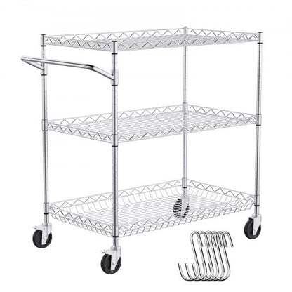 Kitchen Utility Cart, 3 Tiers, Wire Rolling Cart with 661LBS Capacity, Steel Service Cart on Wheels, Metal Storage Trolley with 80mm Deep Basket Curved Handle 6 Hooks, for Indoor and Outdoor Use