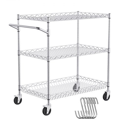Kitchen Utility Cart, 3 Tiers, Wire Rolling Cart with 661LBS Capacity, Steel Service Cart on Wheels, Metal Storage Trolley with 80mm Deep Basket Curved Handle 6 Hooks, for Indoor and Outdoor Use