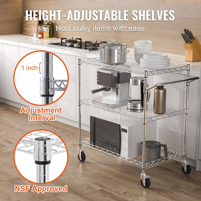 Kitchen Utility Cart, 3 Tiers, Wire Rolling Cart with 661LBS Capacity, Steel Service Cart on Wheels, Metal Storage Trolley with 80mm Deep Basket Curved Handle 6 Hooks, for Indoor and Outdoor Use