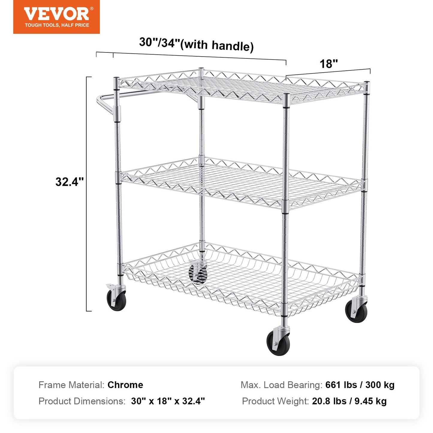 Kitchen Utility Cart, 3 Tiers, Wire Rolling Cart with 661LBS Capacity, Steel Service Cart on Wheels, Metal Storage Trolley with 80mm Deep Basket Curved Handle 6 Hooks, for Indoor and Outdoor Use