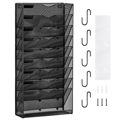 File Wall Rack, One-Piece 10 Pockets Mesh Wall File Holder, Wall Mounted Magazine Mail Paper & Document Storage Folder, Metal Wall File Organizer with Nametag Label, for Office Home & School