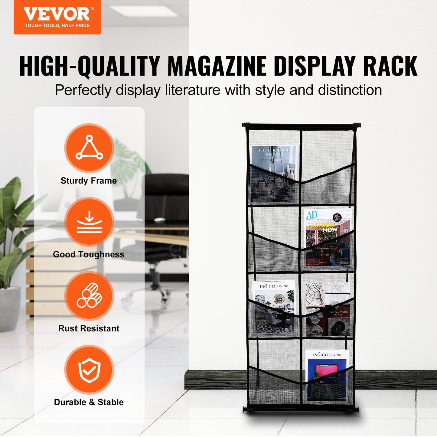 Brochure Display Stand, 4-Tier 8 Pockets Mesh Literature Display Holder, Floor Standing Magazine Newspaper Catalog Rack, Lightweight & Portable with Carrying Bag for Shop Exhibitions Office