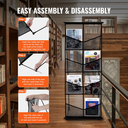 Brochure Display Stand, 4-Tier 8 Pockets Mesh Literature Display Holder, Floor Standing Magazine Newspaper Catalog Rack, Lightweight & Portable with Carrying Bag for Shop Exhibitions Office