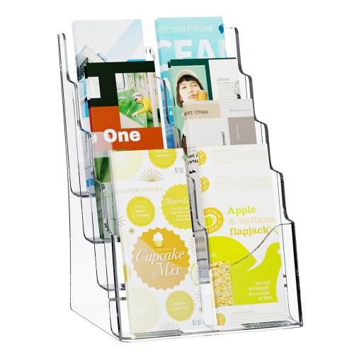 Acrylic Brochure Holder 8.5 x 11 inch, 4-Tier Clear Acrylic Literature Display Stand, Plastic Literature Organizer Flyer Stand & Removable Divider for Office Exhibition, Countertop or Wall Mount