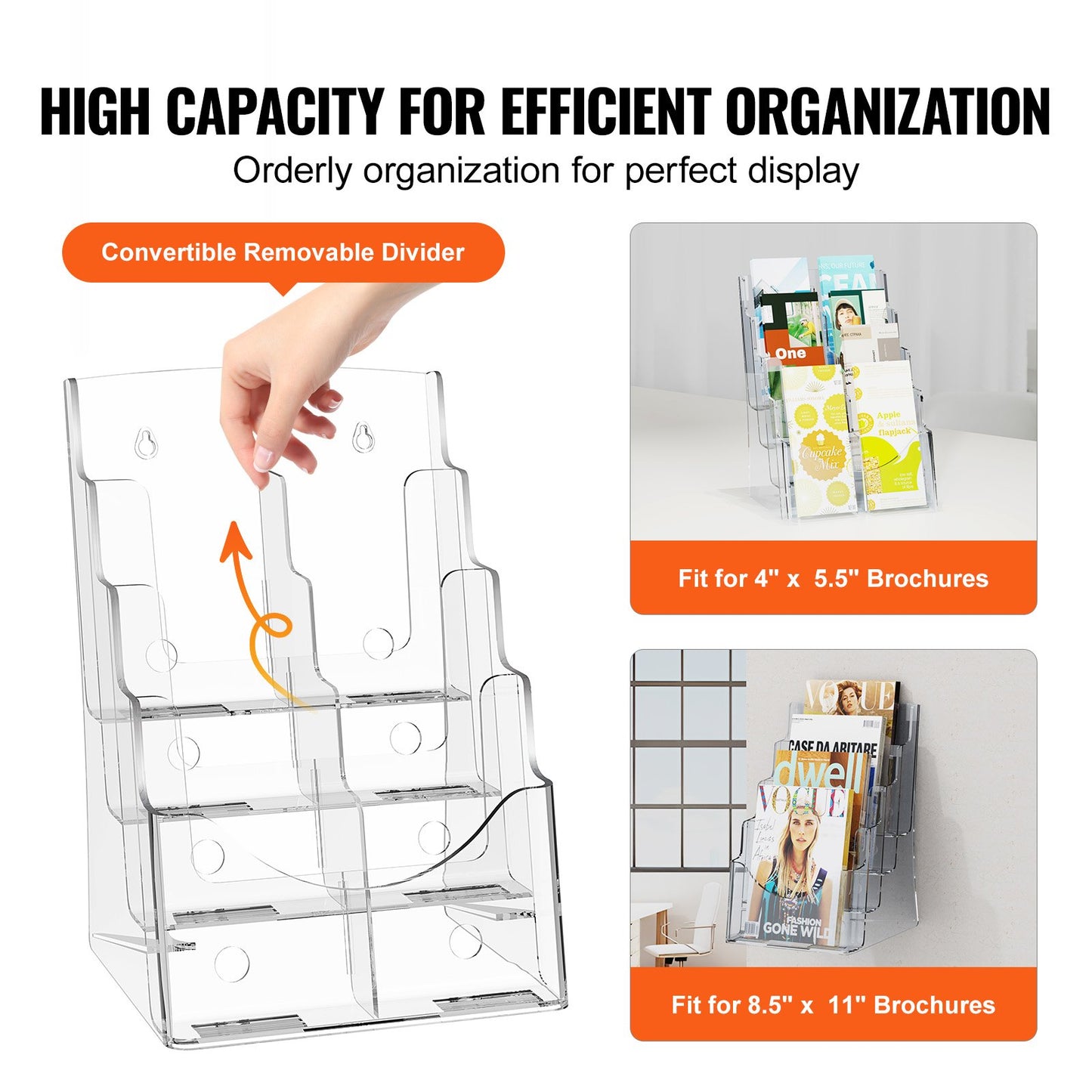 Acrylic Brochure Holder 8.5 x 11 inch, 4-Tier Clear Acrylic Literature Display Stand, Plastic Literature Organizer Flyer Stand & Removable Divider for Office Exhibition, Countertop or Wall Mount
