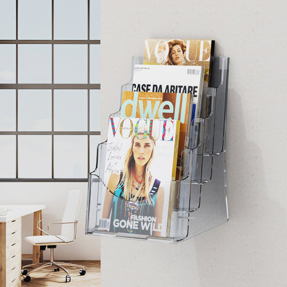 Acrylic Brochure Holder 8.5 x 11 inch, 4-Tier Clear Acrylic Literature Display Stand, Plastic Literature Organizer Flyer Stand & Removable Divider for Office Exhibition, Countertop or Wall Mount