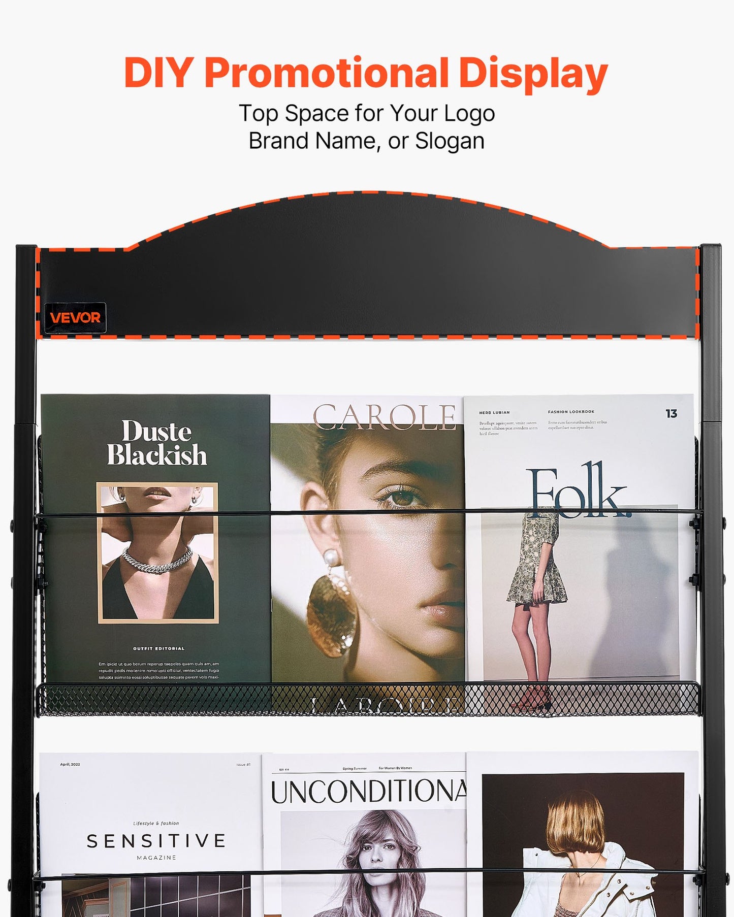 Brochure Display Rack, 4-Tier Magazine Literature Display Stand with Wheels, Movable Floor Standing Magazine Rack, Heavy Duty Newspaper Catalog Holders for Shop Exhibitions Office Craft Fairs