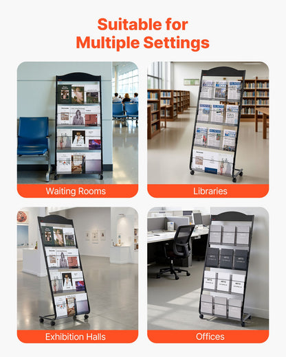 Brochure Display Rack, 4-Tier Magazine Literature Display Stand with Wheels, Movable Floor Standing Magazine Rack, Heavy Duty Newspaper Catalog Holders for Shop Exhibitions Office Craft Fairs