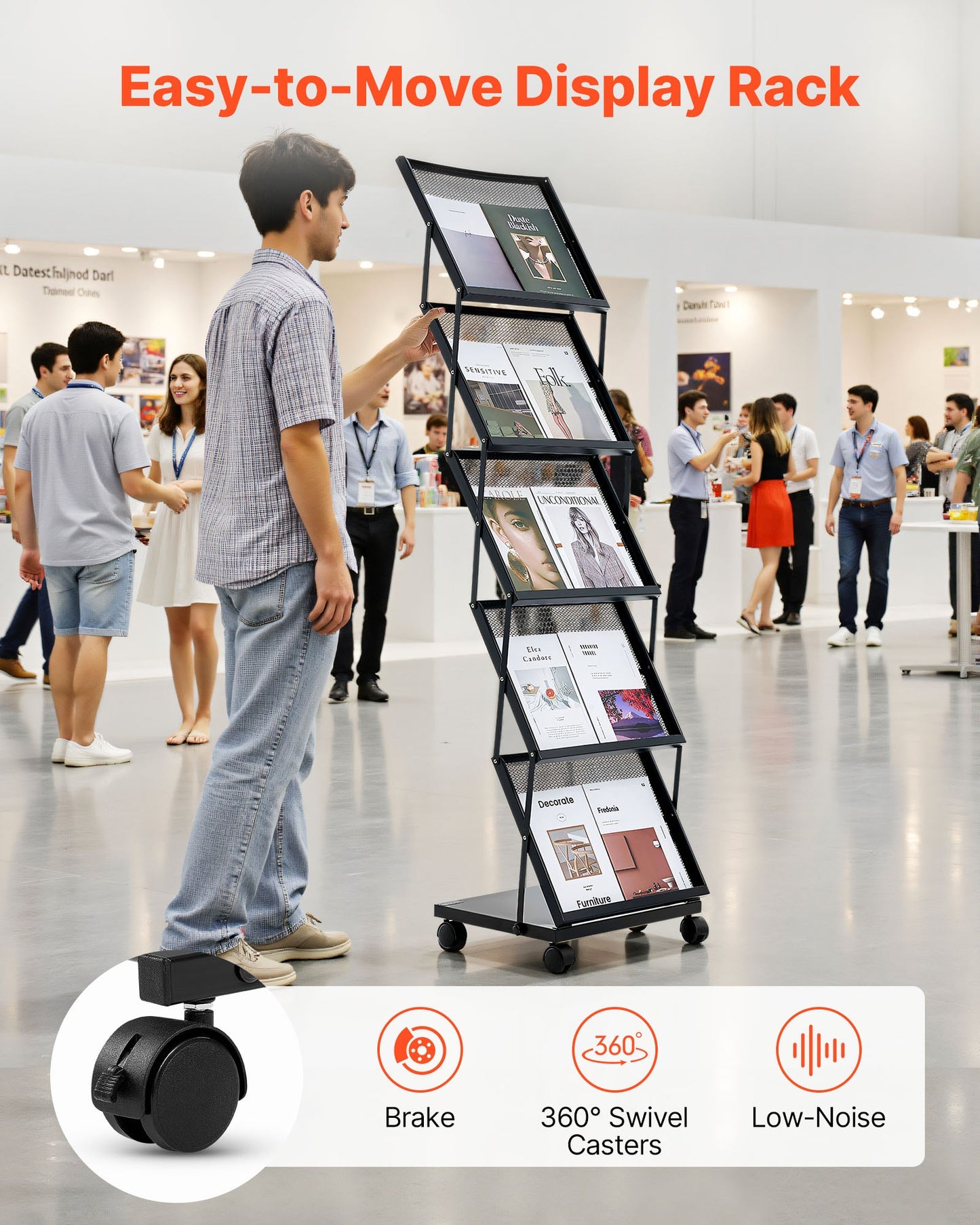 Brochure Display Rack, Foldable 5 Pockets Magazine Literature Display Stand, Movable Floor Standing Magazine Rack with Wheels, Metal Newspaper Catalog Holders for Shop Exhibitions Office Show