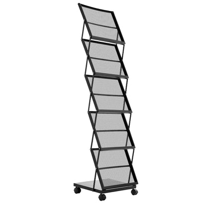 Brochure Display Rack, Foldable 5 Pockets Magazine Literature Display Stand, Movable Floor Standing Magazine Rack with Wheels, Metal Newspaper Catalog Holders for Shop Exhibitions Office Show