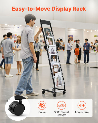 Brochure Display Rack, Narrow 6-Tier Magazine Literature Display Stand with Wheels, Metal Floor Standing Magazine Rack, Movable Newspaper Catalog Holders for Shop Exhibitions Office (6 Pockets)