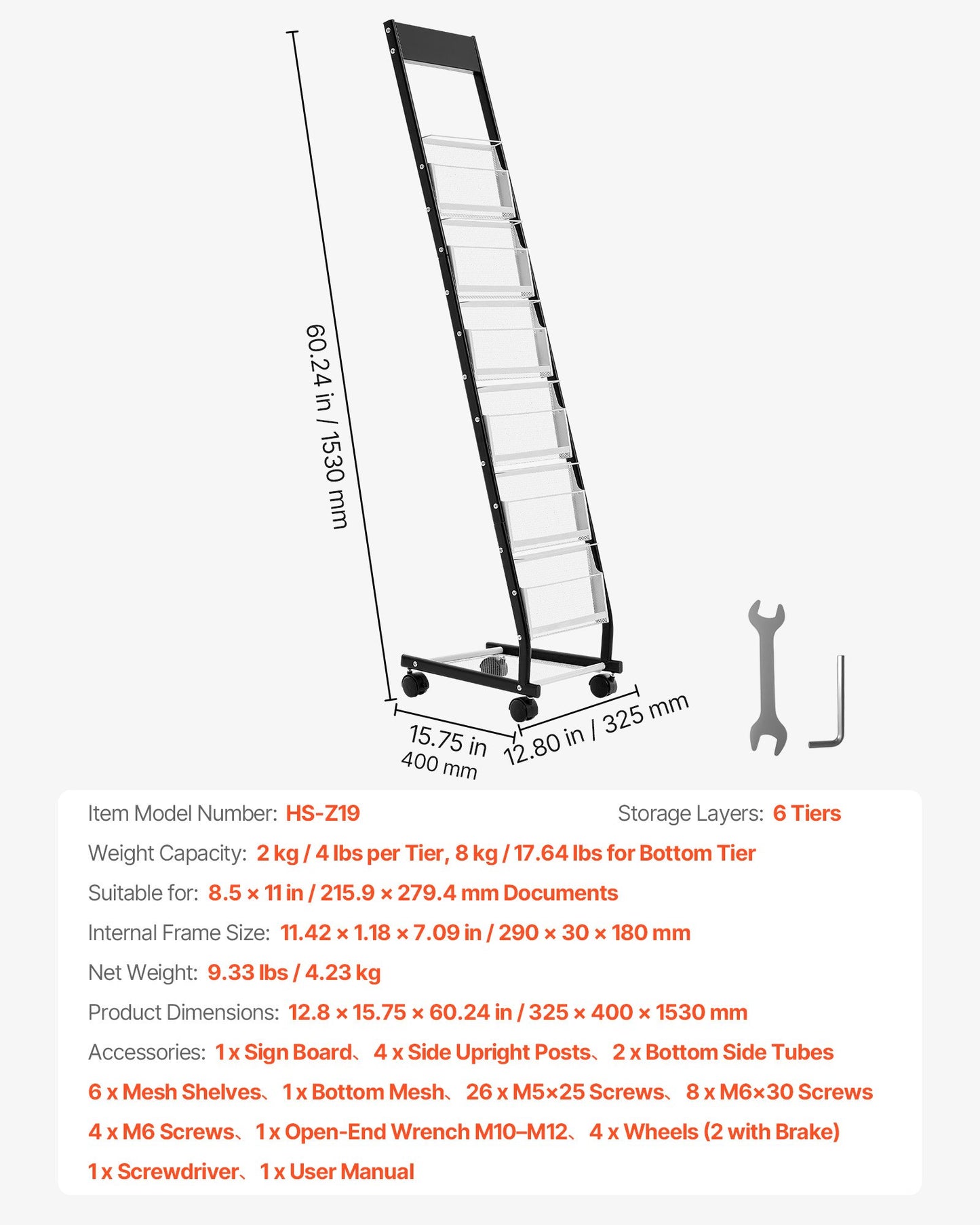 Brochure Display Rack, Narrow 6-Tier Magazine Literature Display Stand with Wheels, Metal Floor Standing Magazine Rack, Movable Newspaper Catalog Holders for Shop Exhibitions Office (6 Pockets)