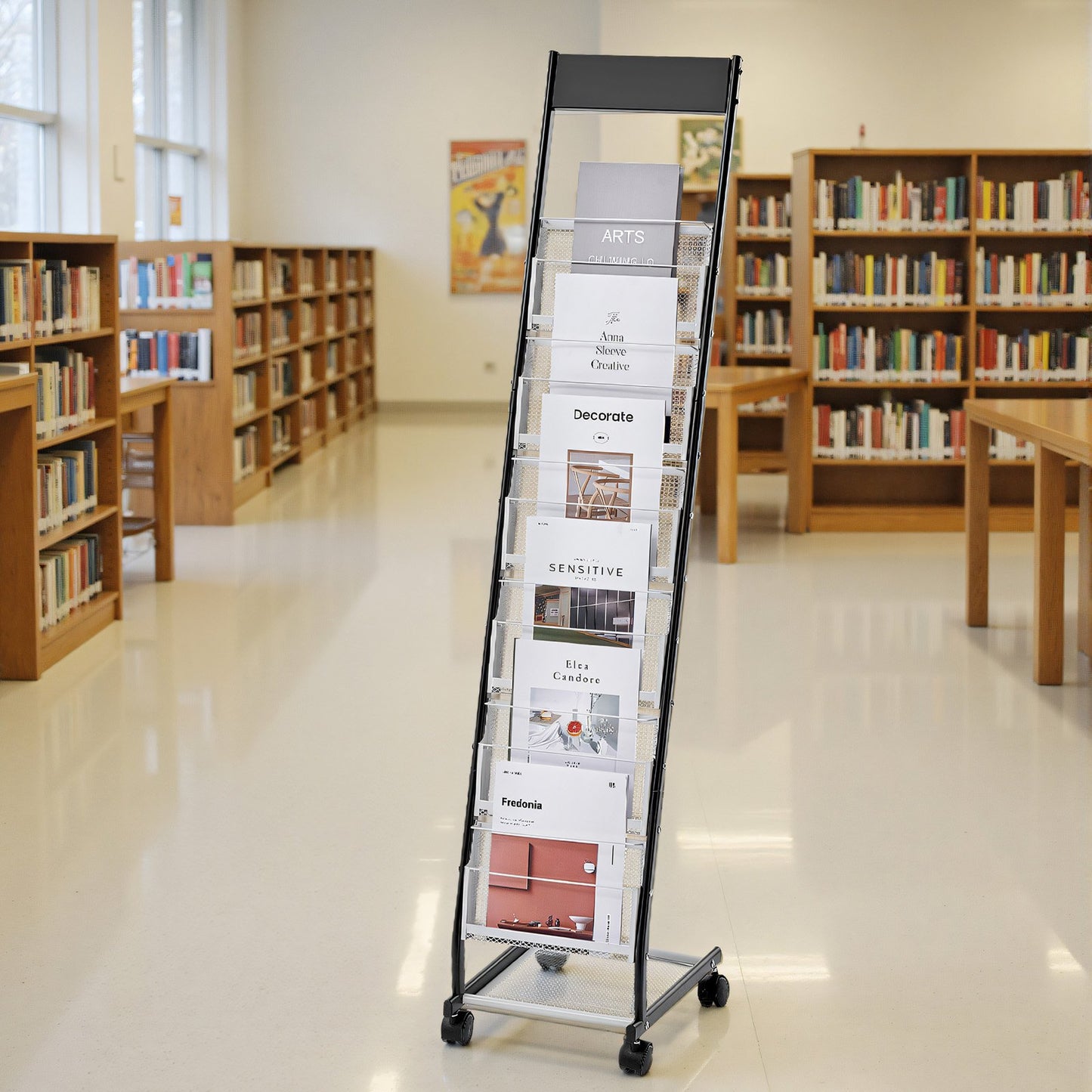 Brochure Display Rack, Narrow 6-Tier Magazine Literature Display Stand with Wheels, Metal Floor Standing Magazine Rack, Movable Newspaper Catalog Holders for Shop Exhibitions Office (6 Pockets)