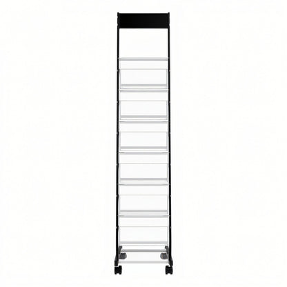Brochure Display Rack, Narrow 6-Tier Magazine Literature Display Stand with Wheels, Metal Floor Standing Magazine Rack, Movable Newspaper Catalog Holders for Shop Exhibitions Office (6 Pockets)
