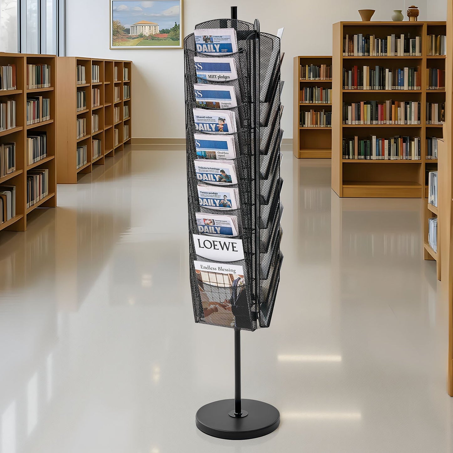 Rotating Brochure Display Rack, 30 Pockets Mesh Magazine Literature Display Stand, Portable Floor Standing Magazine Rack, Metal Newspaper Catalog Holders for Shop Exhibitions Office Trade Show