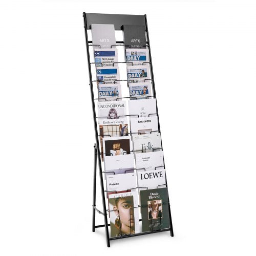Brochure Display Rack, 20 Pockets Magazine Literature Display Stand, Portable Floor Standing Magazine Rack, Metal Newspaper Catalog Holders for Shop, Exhibitions, Office, Trade Show, Black