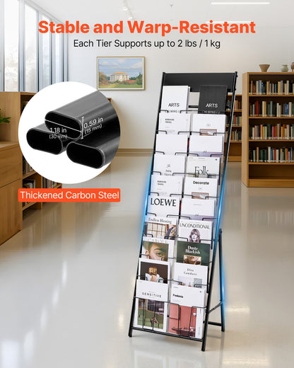 Brochure Display Rack, 20 Pockets Magazine Literature Display Stand, Portable Floor Standing Magazine Rack, Metal Newspaper Catalog Holders for Shop, Exhibitions, Office, Trade Show, Black
