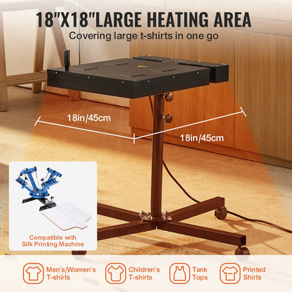 Flash Dryer, 18 x 18 inch Flash Dryer for Screen Printing, 0-750℉ Temperature Control, High Power Silk Screen Printing Dryer with Height Adjustable Stand, 360° Rotation, T-Shirt Curing Machine