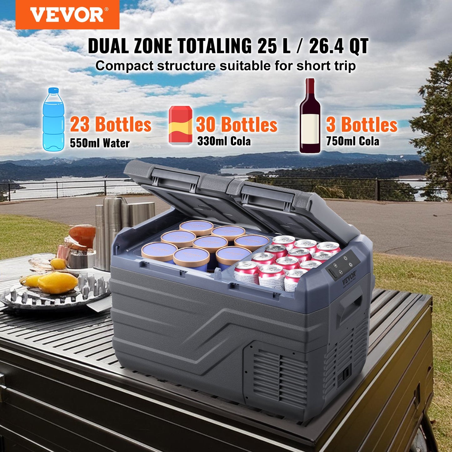 Car Refrigerator, 25 L Dual Zone Portable Freezer, 12 Volt Car Refrigerator Fridge, -4℉-68℉ Adjustable Range, 12/24V DC and 100-240V AC Compressor Cooler for Outdoor, Camping, RV