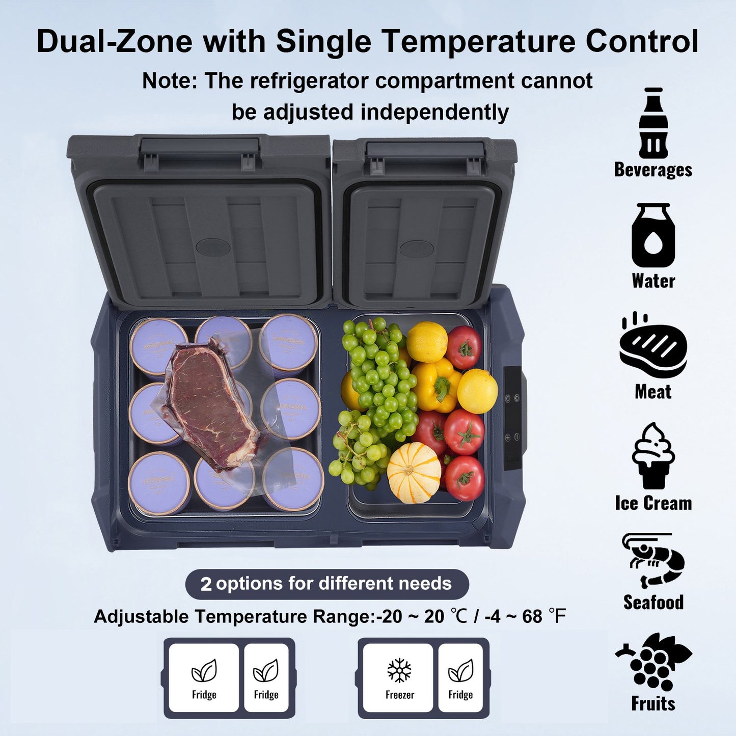 Car Refrigerator, 25 L Dual Zone Portable Freezer, 12 Volt Car Refrigerator Fridge, -4℉-68℉ Adjustable Range, 12/24V DC and 100-240V AC Compressor Cooler for Outdoor, Camping, RV