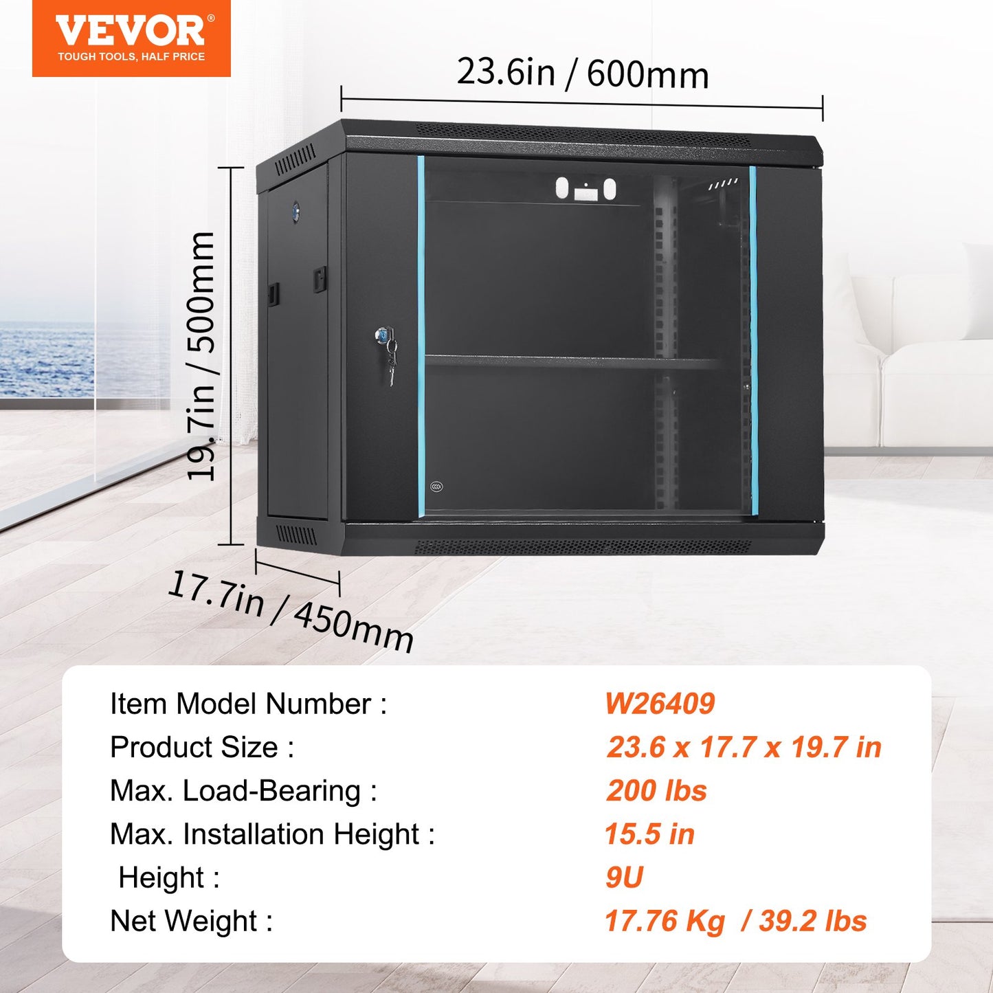 9U Wall Mount Network Server Cabinet, 60x45x50cm, 39.4 cm Deep, Server Rack Cabinet Enclosure, 90.7 kg Max. Ground-mounted Load Capacity, with Locking Glass Door Side Panels, for IT Equipment, A/V Devices