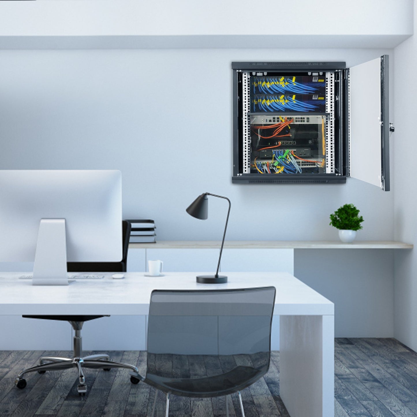 9U Wall Mount Network Server Cabinet, 60x45x50cm, 39.4 cm Deep, Server Rack Cabinet Enclosure, 90.7 kg Max. Ground-mounted Load Capacity, with Locking Glass Door Side Panels, for IT Equipment, A/V Devices