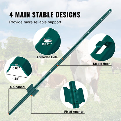 10er-Packung U-Profil-Metallzaunpfosten (1,2 m), robuste Stahlpfosten für Garten, Rasen, Landwirtschaft und Außenzäune, Grün