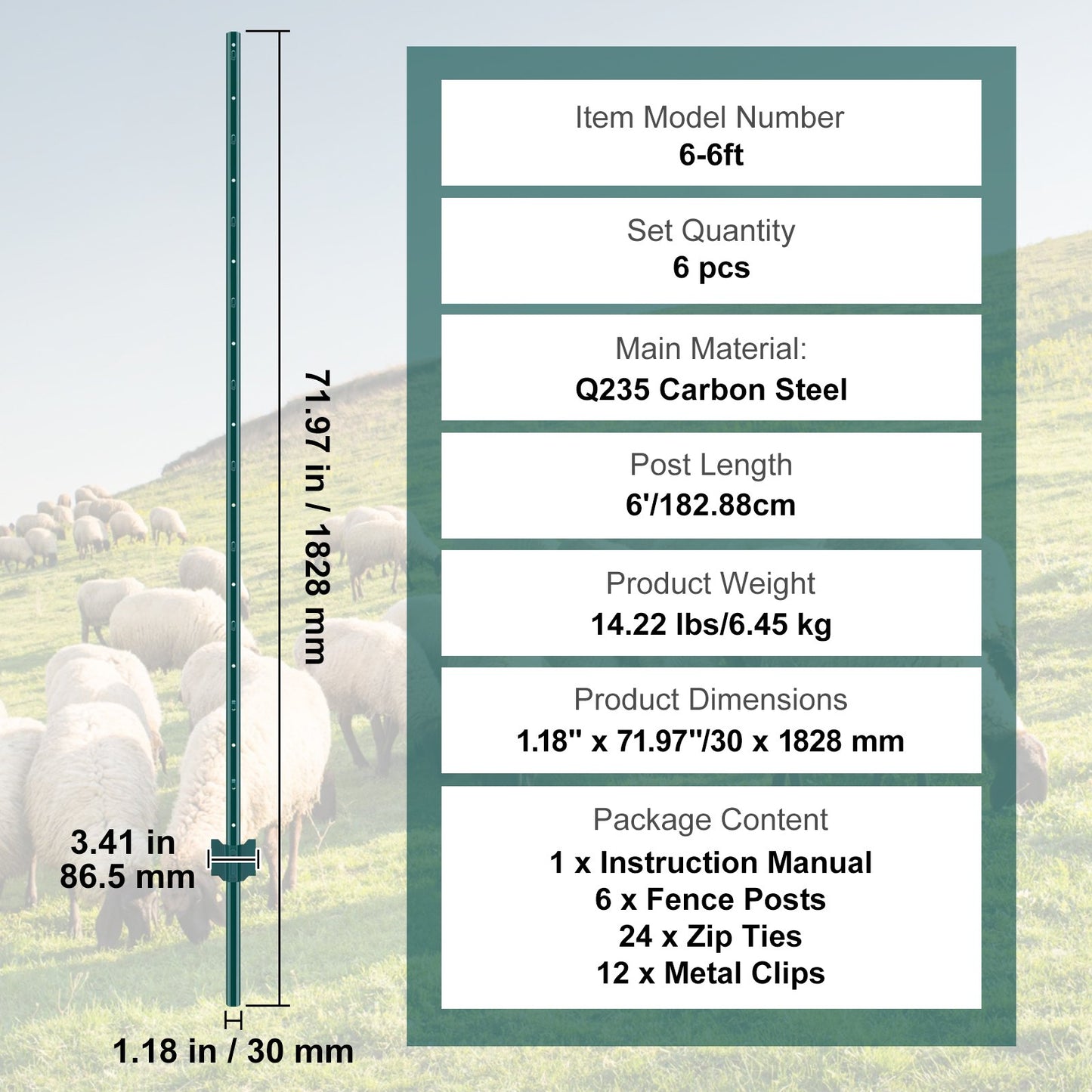 6 Feet Fence Post, 6 Pack U-Channel Heavy Duty Metal Fence Posts, Sturdy Steel Fence Stakes for Garden Yard, Lawn, Farms and Outdoor Wire Fencing, Green