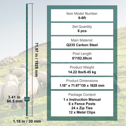 6 Feet Fence Post, 6 Pack U-Channel Heavy Duty Metal Fence Posts, Sturdy Steel Fence Stakes for Garden Yard, Lawn, Farms and Outdoor Wire Fencing, Green