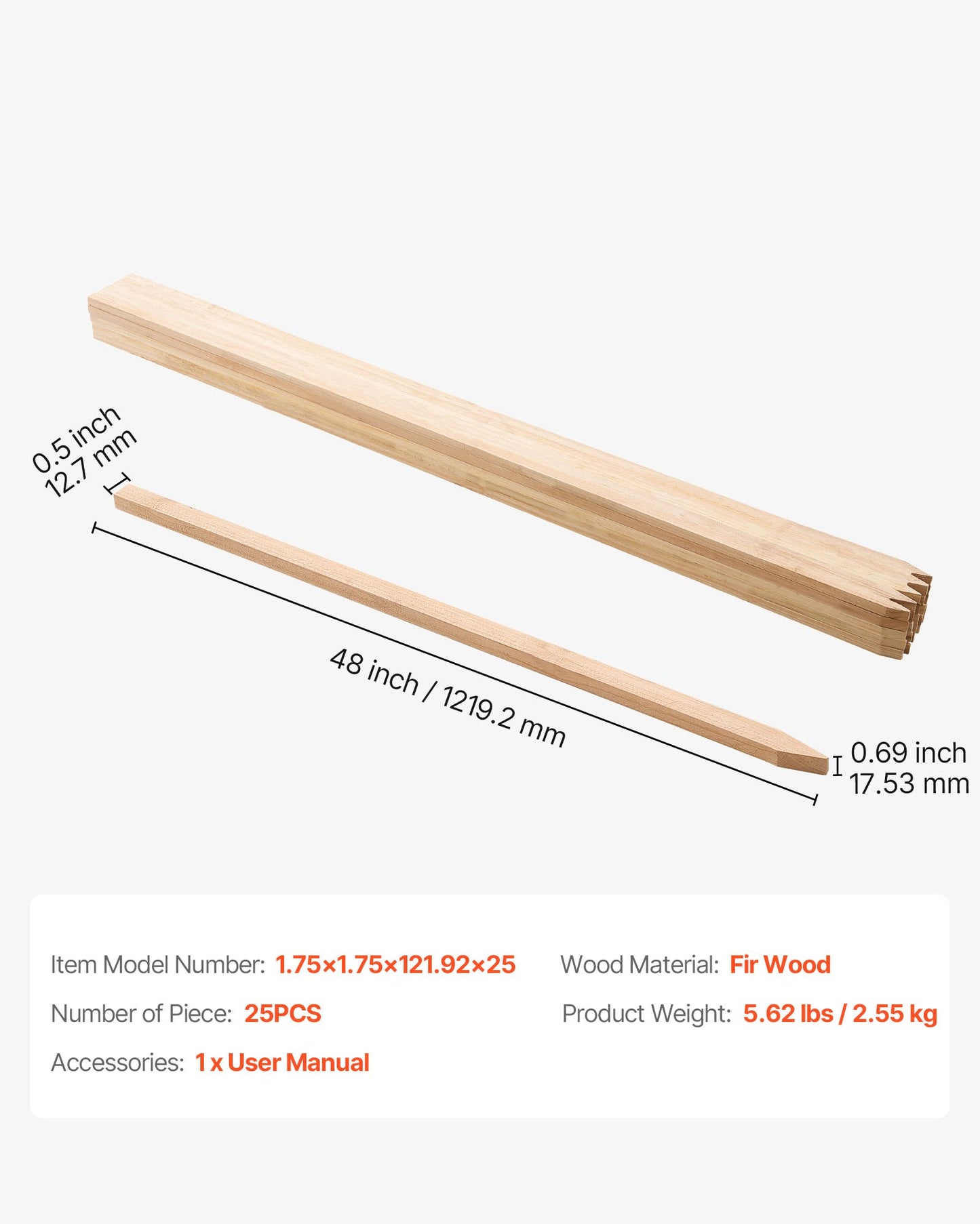 Wooden Garden Stakes, 25 Pcs 17.53×12.7×1219.2 mm Survey Grading Stakes, Garden Ground Stake with Sharp Point, Fir Wood Plant Support Stake, Sign Posts for Silt Fence Yard Boundaries Baselines