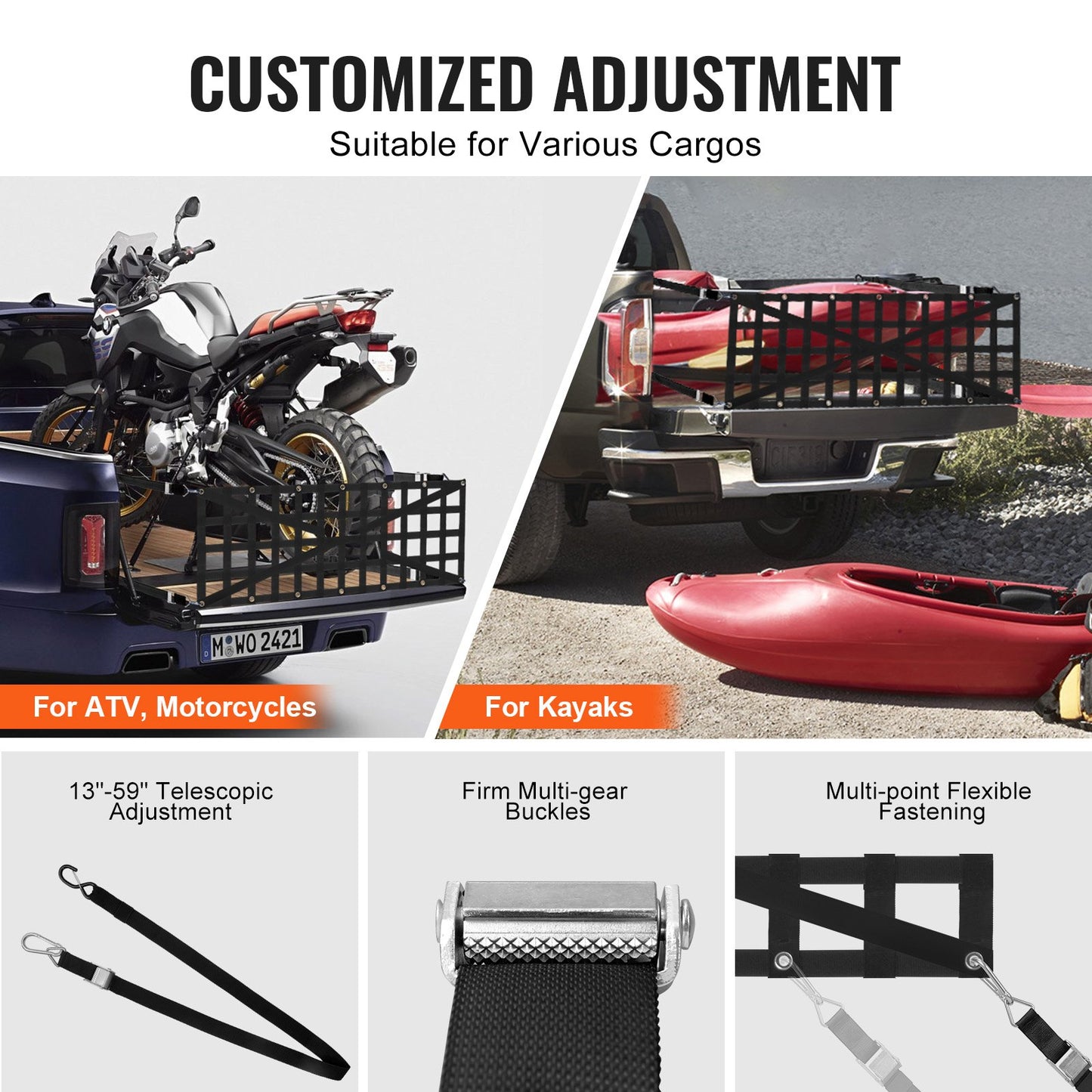 Tailgate Net, 54 in x 18 in, Heavy Duty Cargo Net for Truck Bed with 4 Adjustable Telescopic Straps, Cross-reinforced Design, Extendable & Durable, Suitable for Pickup, Truck, Trailer, Jeep, SUV