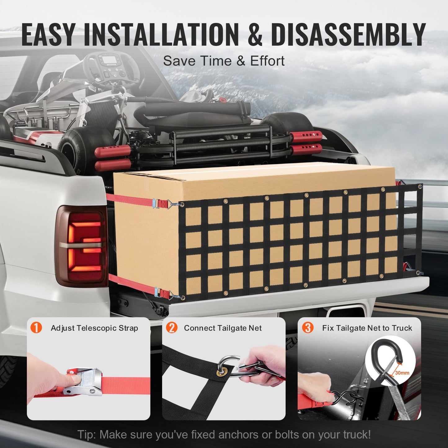Ladeflächennetz, 137 x 46 cm, robustes Gepäcknetz für Pickups mit 4 verstellbaren Teleskopgurten, ausziehbar und langlebig, flexibel verstellbar, geeignet für Pickups, Anhänger, Lkw, Jeeps und SUVs