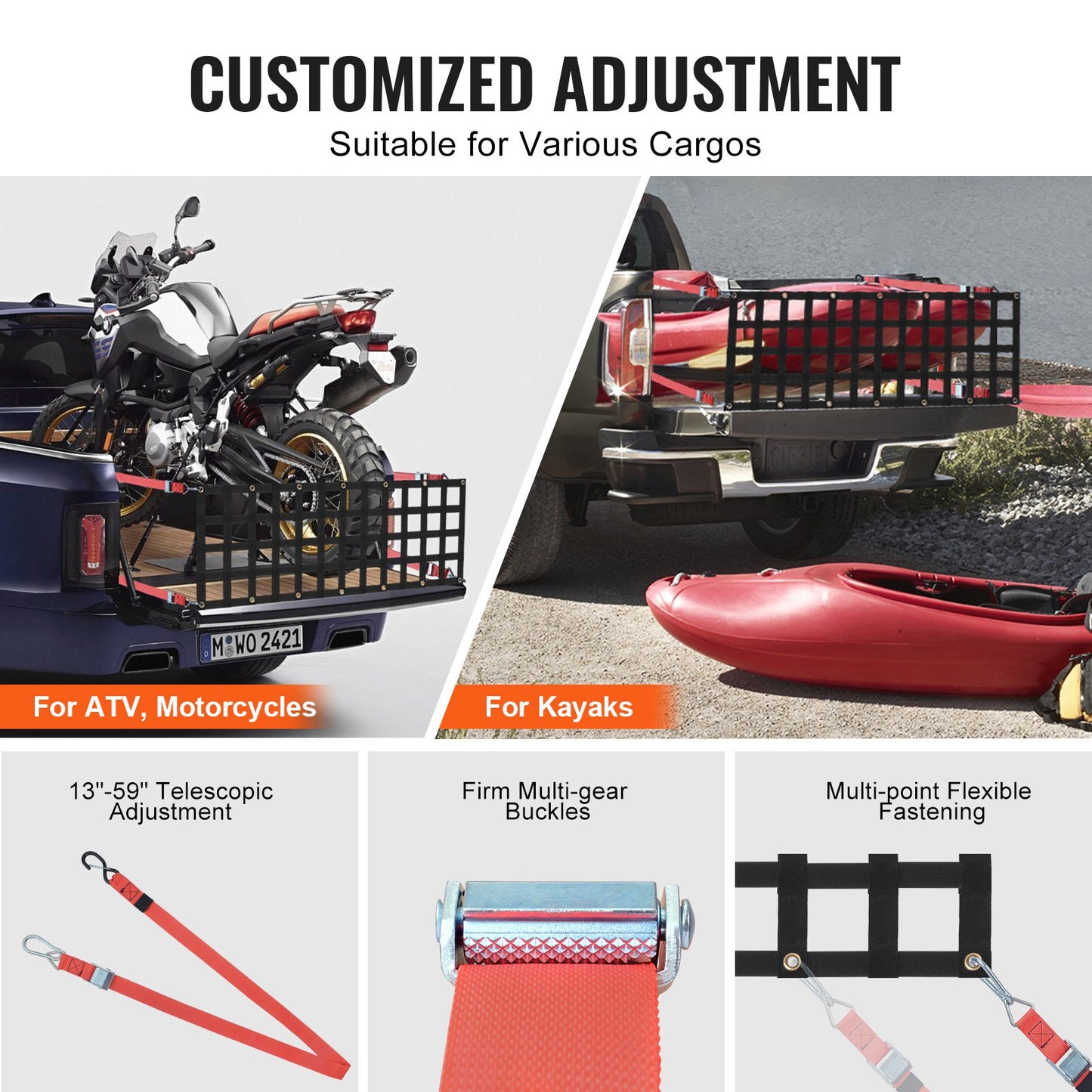 Ladeflächennetz, 137 x 46 cm, robustes Gepäcknetz für Pickups mit 4 verstellbaren Teleskopgurten, ausziehbar und langlebig, flexibel verstellbar, geeignet für Pickups, Anhänger, Lkw, Jeeps und SUVs