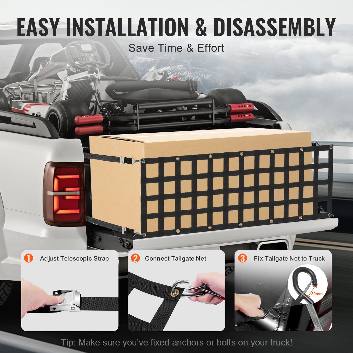 Ladeflächennetz, 152 x 46 cm, robustes Gepäcknetz für Pickups mit 4 verstellbaren Teleskopgurten, ausziehbar und langlebig, flexibel verstellbar, geeignet für Pickups, Anhänger, Lkw, Jeeps und SUVs