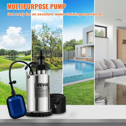 Submersible Water Pump, 550W 9500L/H, with 10 m Cord and Automatic Tethered Float Switch, Portable Stainless Steel for Clean, Empty Flooded Area, Swimming Pools, Hot Tubs, for Irrigation