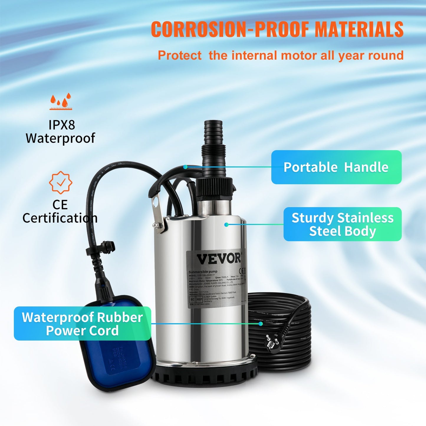 Submersible Water Pump, 550W 9500L/H, with 10 m Cord and Automatic Tethered Float Switch, Portable Stainless Steel for Clean, Empty Flooded Area, Swimming Pools, Hot Tubs, for Irrigation