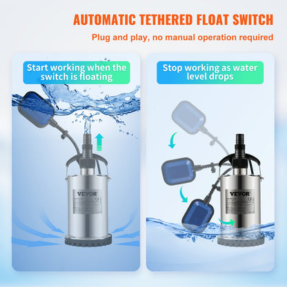 Submersible Water Pump, 550W 9500L/H, with 10 m Cord and Automatic Tethered Float Switch, Portable Stainless Steel for Clean, Empty Flooded Area, Swimming Pools, Hot Tubs, for Irrigation