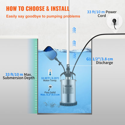 Submersible Water Pump, 550W 9500L/H, with 10 m Cord and Automatic Tethered Float Switch, Portable Stainless Steel for Clean, Empty Flooded Area, Swimming Pools, Hot Tubs, for Irrigation