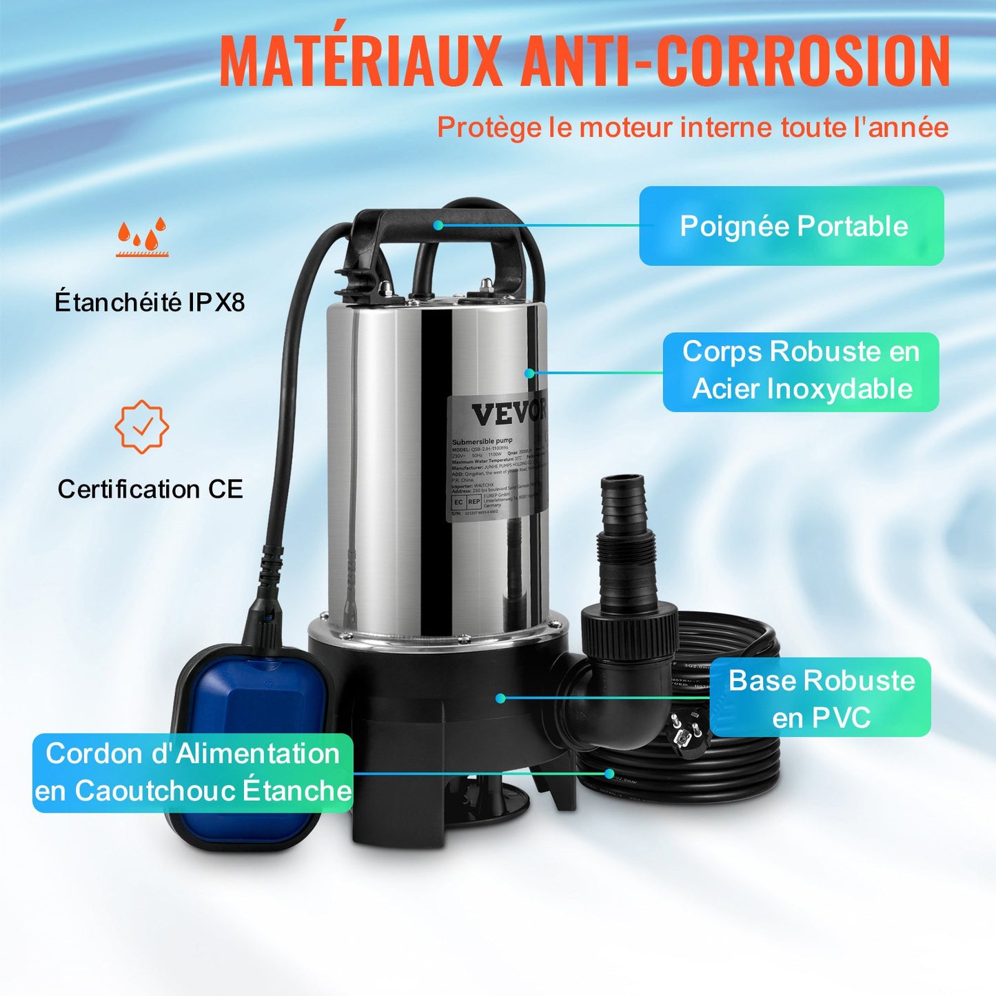 Submersible Water Pump, 1100W 20000L/H, with 10 m Cord and Automatic Tethered Float Switch, Portable Stainless Steel for Dirty or Clean, Drain Floods, Empty Garden Ponds, Swimming Pools, Hot Tub